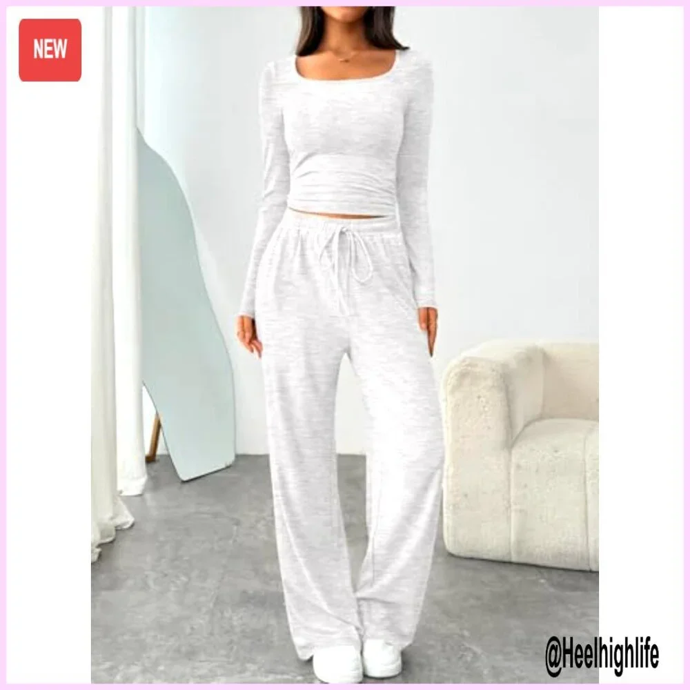 Scoop Neck Lounge Set Wide Leg Pants Crop Top Sweatsuit